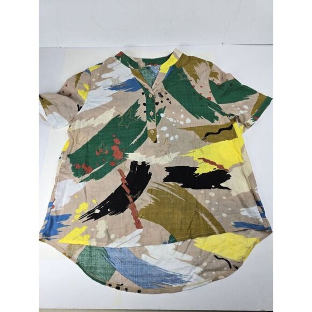 Fashion‎ Classic Collection Button V-neck Paint Brush Print 2XL Casual Blouse